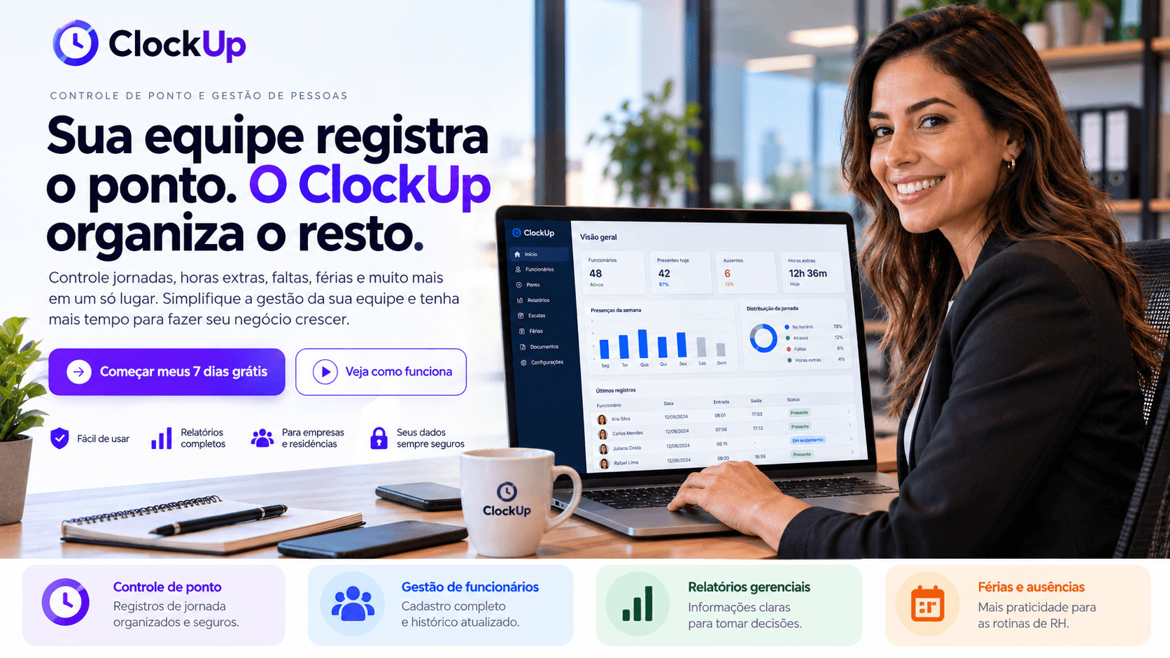 Gestora utilizando o dashboard do ClockUp em um notebook, com visão geral de funcionários, presenças e horas extras
