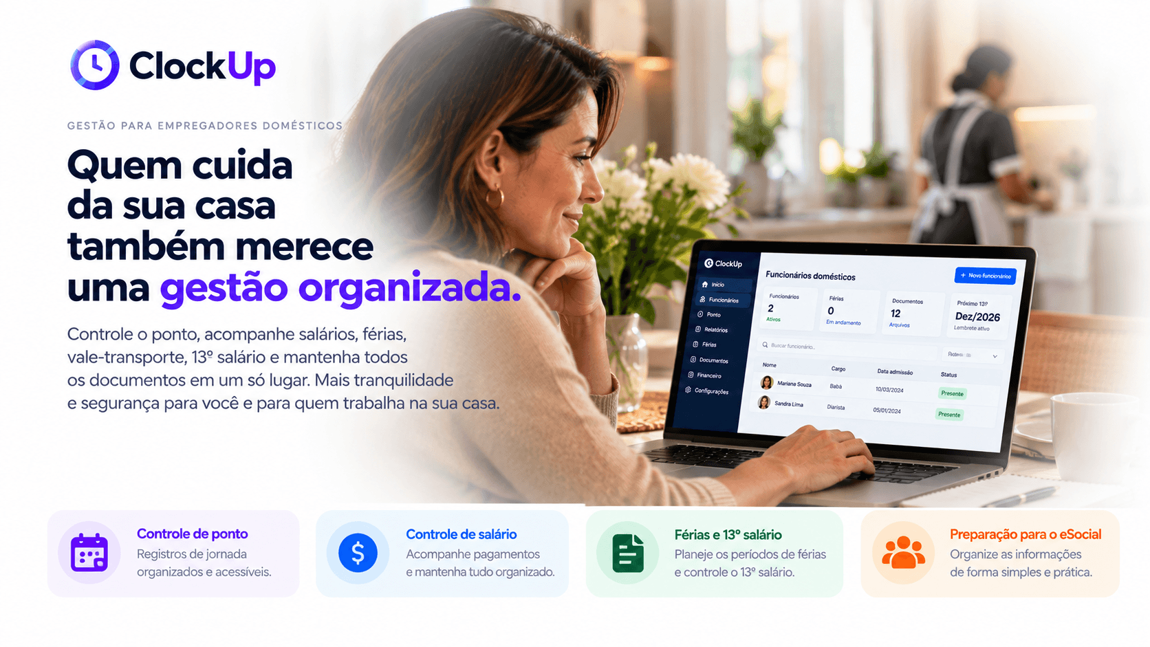 Empregadora organizando a rotina dos funcionários domésticos pelo ClockUp
